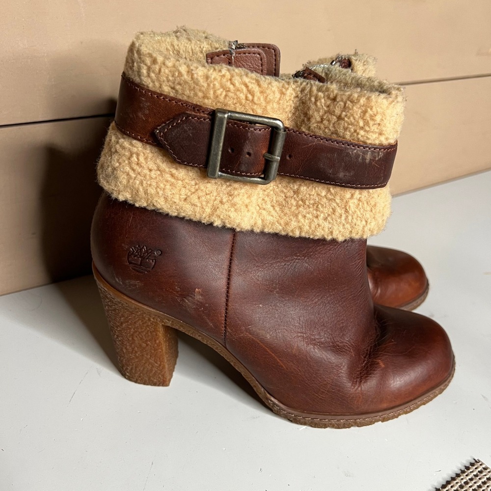 Timberland Glancy Brown Leather Shearling Heeled Ankle Boots A1A22 Womens 7